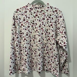 Floral Mock Neck Long-Sleeve Top - White with Burgundy Flowers - Size XL